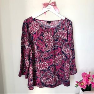 Talbots Pink Paisley Print Perforated Shoulder 3/4 Bell Sleeve Blouse Medium